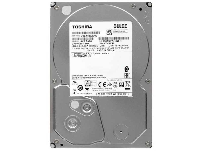 Жесткий диск Toshiba Surveillance HDD 3.5" SATA 4Tb, 5400rpm, 128MB buffer, 512e, SMR, DT02ABA400V, 1 year