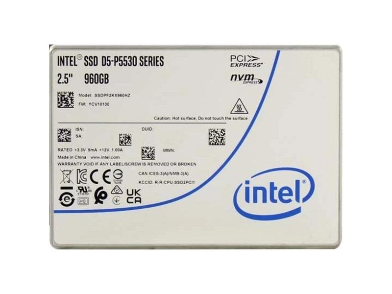 Твердотельный накопитель/ Intel SSD D5-P5530 Series, 960GB, U.2(2.5" 15mm), NVMe, PCIe 4.0 x4, TLC, R/W 5500/1600MB/s, IOPs 300 000/75 000, TBW 1700, DWPD1 (12 мес.)