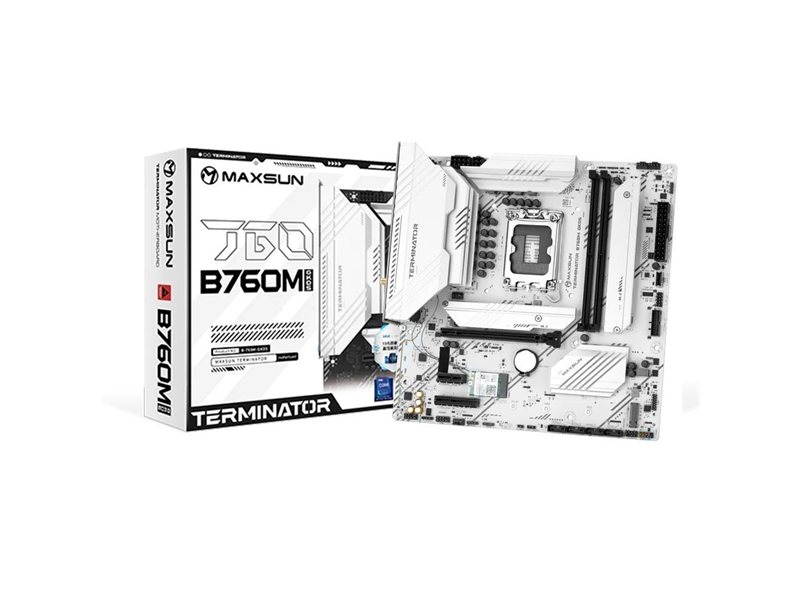 MAXSUN MS-Terminator B760M GKD5 ICE (Socket 1700, mATX, 2*DDR5(96Gb), DP/HDMI, 3*SATA3, 4*M.2, 1*PCIEx16/1*PCIEx4, 6*USB2.0, 2*USB 3.2, LAN 1*2.5G, ARGB, white, RTL)