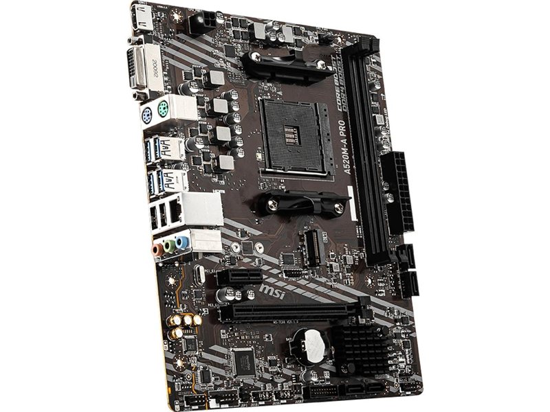 Материнская плата/ MB MSI AMD A520 sAM4, 2xDDR4(64GB), DVI-D/HDMI 2.1, 1xPCIe 3.0x16, 1xPCIe 3.0, 1xLAN, 4xSATA 6Gb/s, 1xM.2, 4xUSB 3.2, 2xUSB 2.0, 1xPS/2, mATX