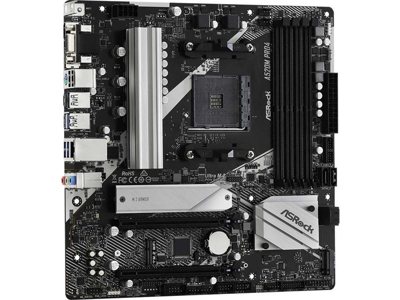 Материнская плата Asrock A520M PRO4 Soc-AM4 AMD A520 4xDDR4 mATX AC`97 8ch(7.1) GbLAN RAID+VGA+HDMI+DP