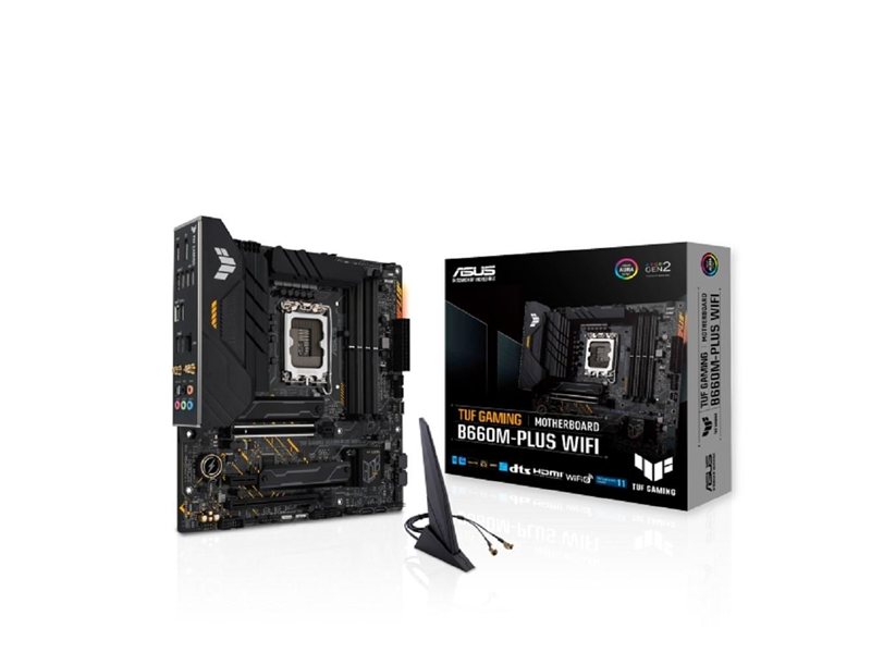 ASUS TUF GAMING B660M-PLUS WIFI (Socket 1700, mATX, 4xDDR5(128GB), DP/HDMI, 1xPCIe 5.0x16/1xPCIe 3.0x16/1xPCIe 4.0, 1xLAN (2.5GbE), 4xSATA 6Gb/s, 2xM.2, 1xType-C, 5xUSB 3.2, 2xUSB 2.0)