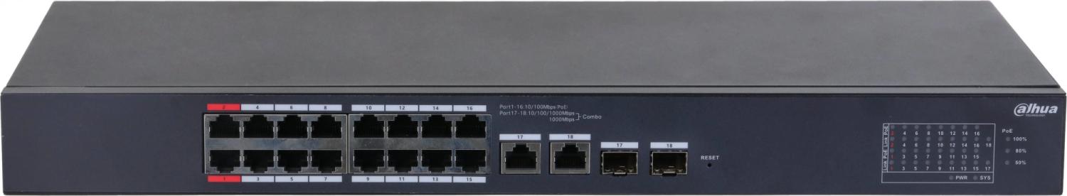 Коммутатор Dahua DH-CS4218-16ET-190 (L2) 16x100Мбит/с 2x1Гбит/с 2xКомбо(1000BASE-T/SFP) 2SFP 16PoE 190W управляемый