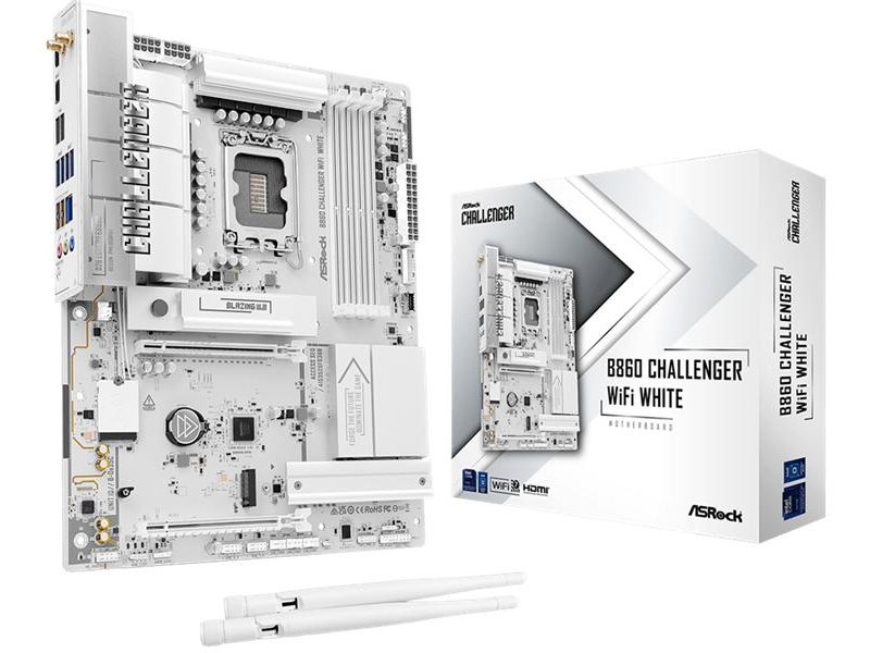 Материнская плата ASROCK B860 Challenger WiFi White, LGA1851, B860, 4*DDR5, 4*SATA, 4*M.2, 4*USB 3.2, 2*USB 2.0, Type-C, 2*PCIx16, 1*M.2 (Key E), HDMI, ATX