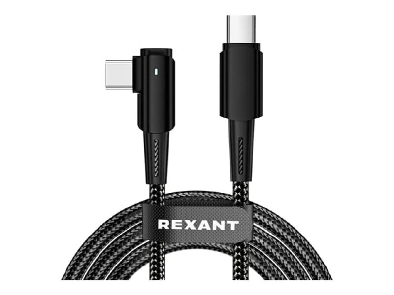 Rexant (18-7070) Кабель Type-C – Type-C, 5А, 100Вт, 1м, в черной нейлоновой оплетке, с угловым штекером и световой индикацией