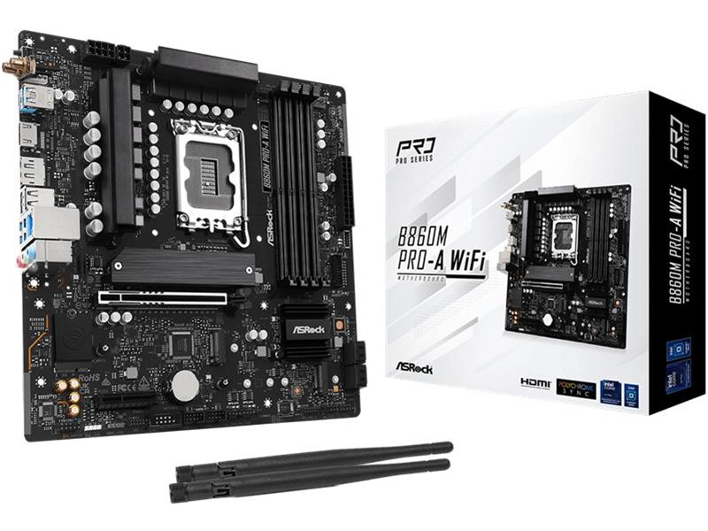 Материнская плата ASROCK B860M PRO-A WIFI, LGA1851, B860, 4*DDR5, 4*SATA, 4*M.2, 6*USB 3.2, 2*USB 2.0, Type-C, 2*PCIx16, 1*M.2 (Key E), HDMI+DP, mATX