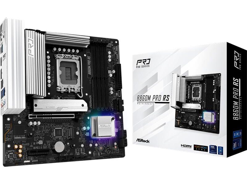 Материнская плата ASROCK B860M PRO RS, LGA1851, B860, 4*DDR5, 4*SATA, 4*M.2, 6*USB 3.2, 2*USB 2.0, Type-C, 2*PCIx16, 1*M.2 (Key E), HDMI+DP, mATX