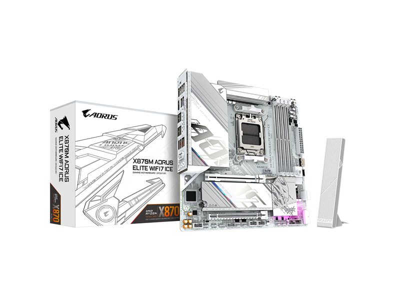 Материнская плата Gigabyte X870M AORUS ELITE WIFI7 ICE X870, AM5, 4*DDR5, 2*PCIEx16, 2*M.2, 1*TypeC, 2*USB3.2Gen2, 6*USB3.2Gen1, 8*USB2.0, 2*SATA3.0, 2.5G, 2*TypeC(DP), HDMI, M-ATX, RTL