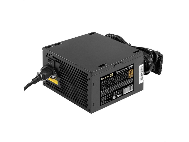 Блок питания 450W ExeGate 80 PLUS® Bronze 450PPH-S (ATX, APFC, SC, КПД 88% (80 PLUS Bronze), 12cm fan, 24pin, (4+4)pin, 2xPCI-E, 3xSATA, 3xIDE, кабель 220V 1,8м с защитой от выдергивания, black, Color Box)
