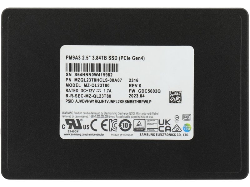 Твердотельный накопитель Samsung Enterprise SSD, 2.5(SFF/U.2) 7mm, PM9A3, 3840GB (3.84TB), NVMe PCIe 4.0 (1x4), R6900/W4100Mb/s, IOPS(R4K) 1000K/180K, MTBF 2M, 1DWPD/5Y, TBW 7008TB, OEM, (repl. MZQLB3T8HALS-00007)
