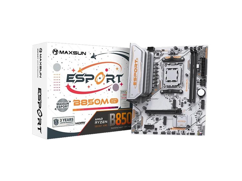 MAXSUN MS-eSport B850M WIFI ICE (Socket AM5, mATX, 2*DDR5(96Gb), DP/HDMI,  2*SATA3, 2*M.2,  1*PCIEx16/1*PCIEx1, 2*USB2.0, 4*USB 3.0, Bluetooth,  Wi-Fi 802.11ax, RTL)