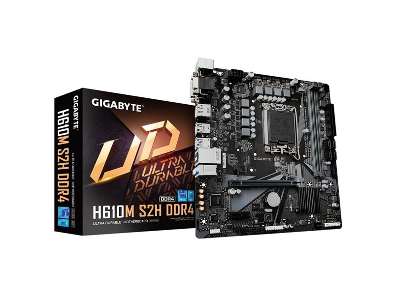 Материнская плата MB GIGABYTE INTEL H610 s1700, 2xDDR4(64GB), D-SUB/HDMI 2.1/2xDP, 1xPCIe 4.0x16, 1xPCIe 3.0, 1xLAN, 4xSATA 6Gb/s, 1xM.2, 2xUSB 3.2, 4xUSB 2.0, 1xPS/2, mATX