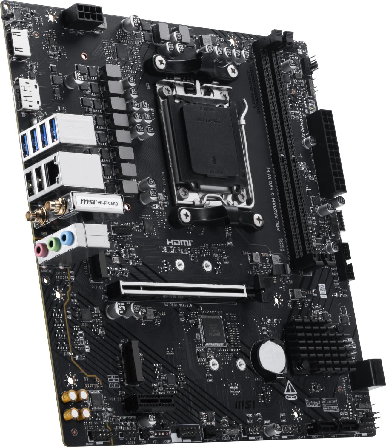 Материнская плата MSI PRO A620AM-G EVO WIFI Socket AM5 AMD A620A 2xDDR5 mATX AC`97 8ch(7.1) 2.5Gg RAID+VGA+HDMI+DP