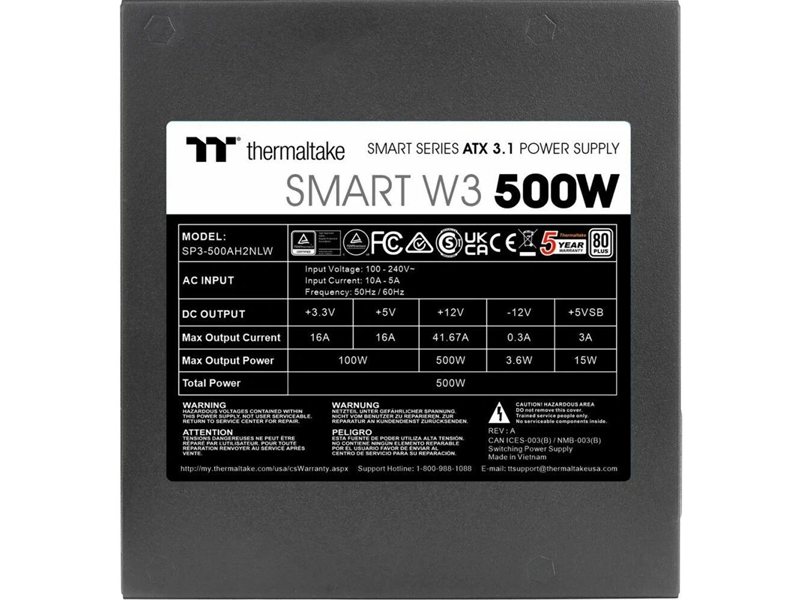 Блок питания Thermaltake ATX 500W Smart W3 Gen.5 80+ white (20+4pin) APFC 120mm fan 4xSATA RTL