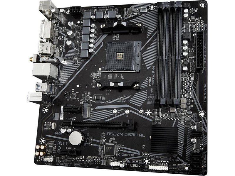 Материнская плата Gigabyte A520M DS3H AC Soc-AM4 AMD A520 4xDDR4 mATX AC`97 8ch(7.1) GbLAN RAID+HDMI+DP