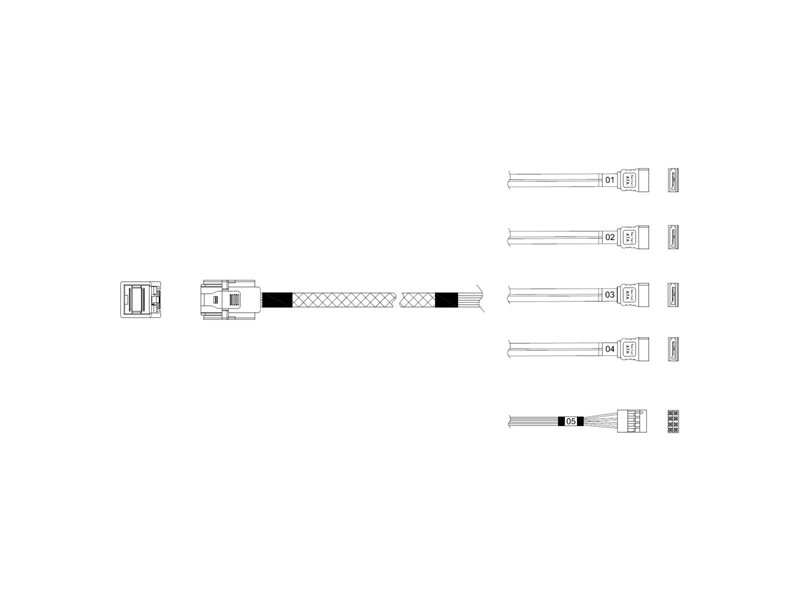 Кабель Miradeed  MD-6715032, HDmSAS SFF8643 -to- 4*SATA + SideBand, 12G, 85 Ohm, 60cm
