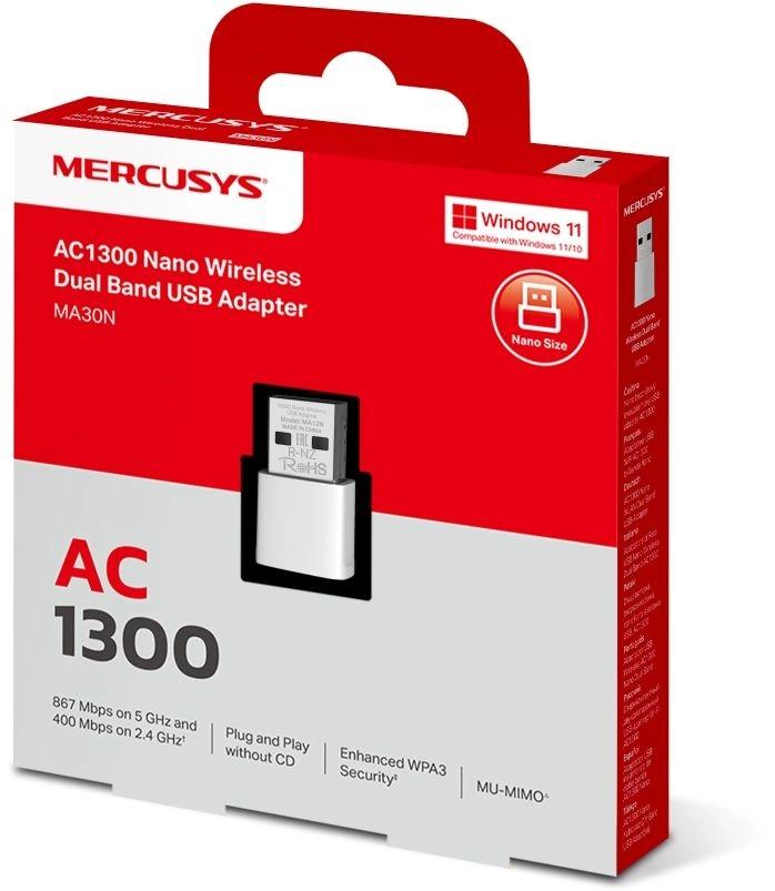 Сетевой адаптер Wi-Fi Mercusys MA30N AC1300 USB 2.0 (ант.внутр.)