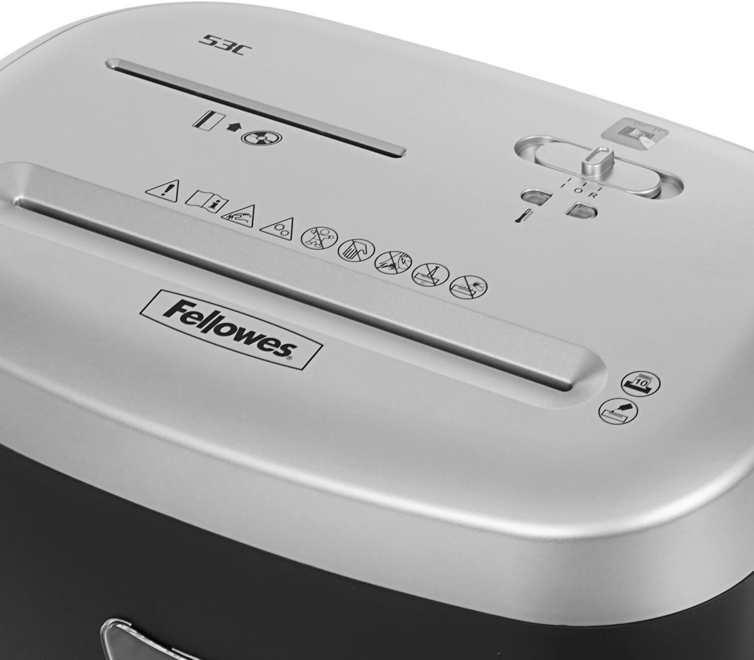 Шредер Fellowes PowerShred 53С черный/серый (секр.P-4) фрагменты 10лист. 23лтр. скрепки скобы пл.карты CD