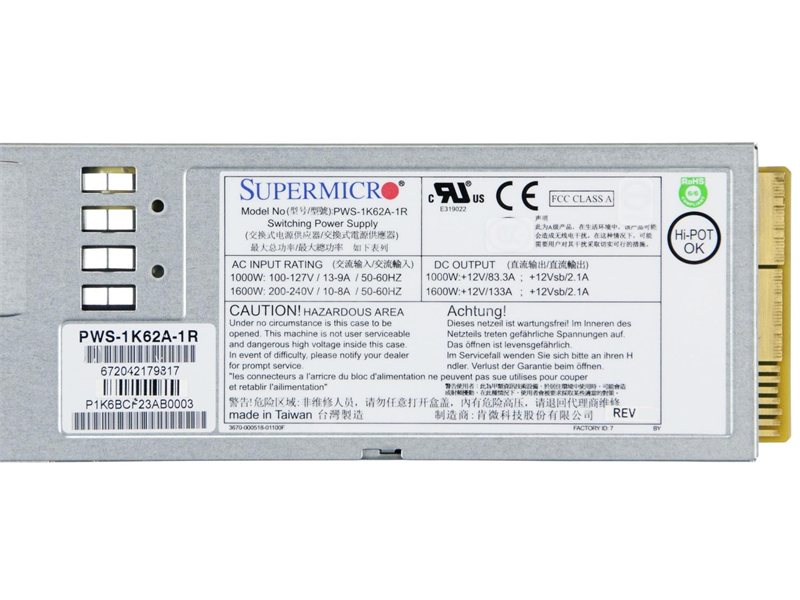 Supermicro PWS-1K62A-1R Блок питания 1600W, Titanium Level, Redundancy