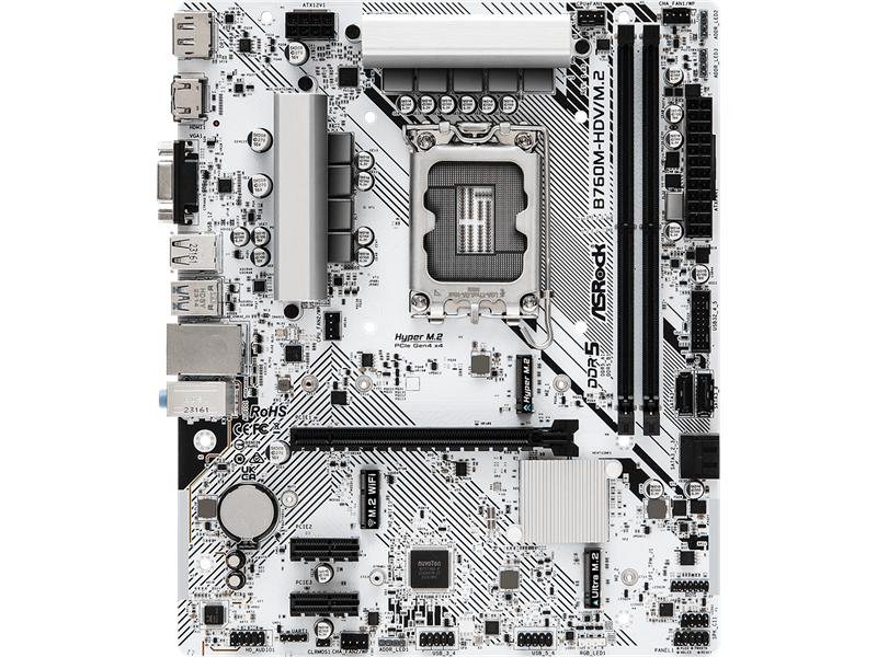 Материнская плата ASROCK B760M-HDV/M.2, LGA1700, B760, 2*DDR5, 4*SATA, 2*M.2, 3*USB 3.2, 2*USB 2.0, Type-C, 1*PCIx16, 2*PCIx1, 1*M.2 (Key E), HDMI+DP+D-Sub, mATX