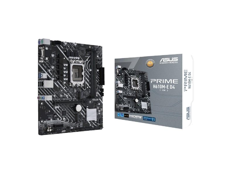 ASUS PRIME H610M-E D4-CSM (Socket 1700, mATX, 2xDDR4(64GB),  VGA/HDMI/DP, 1xPCIe 4.0x16/1xPCIe 3.0, 1xLAN, 4xSATA 6Gb/s, 2xM.2, 2xUSB 3.2, 2xUSB 2.0, 2xPS/2)