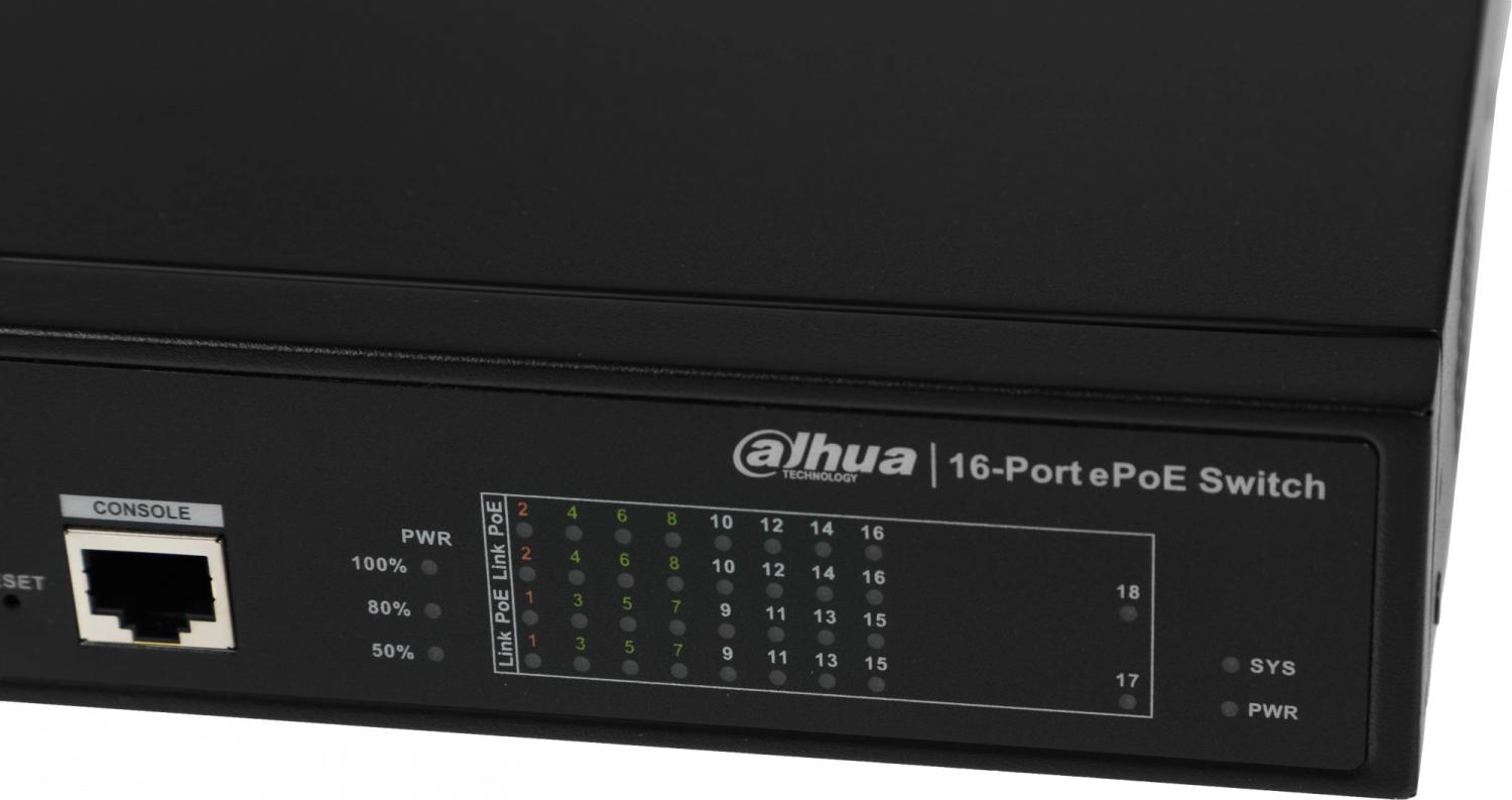 Коммутатор Dahua DH-LR2218-16ET-240 (L2) 16x100Мбит/с 2x1Гбит/с 2xКомбо(1000BASE-T/SFP) 2SFP 14PoE+ 2PoE++ 240W управляемый