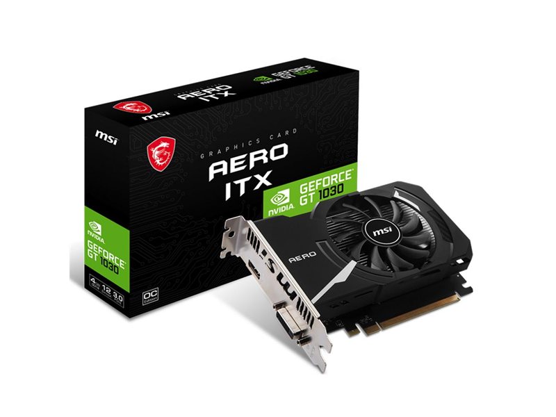 Видеокарта/ VGA MSI NVIDIA GeForce GT 1030 AERO ITX 4GD4 OC 4GB, DDR4/64-bit, PCIe 3.0, 1xHDMI 2.0, 1xDVI-D, 2-slot