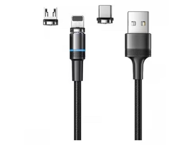 Rexant (18-7076) Кабель USB 3в1 Type-С (2A), Lightning (2,4A), Micro USB (2A), 1,2м, в черной оплетке, с LED подсветкой