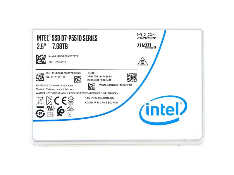 Твердотельный накопитель/ Intel SSD D7-P5510 Series, 7.68TB, U.2(2.5" 15mm), NVMe, PCIe 4.0 x4, TLC, R/W 7000/4194MB/s, IOPs 930 000/190 000, TBW 14000, DWPD 1 (12 мес.)