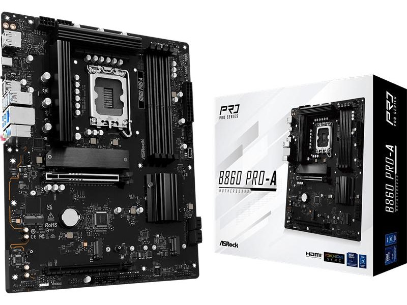 Материнская плата ASROCK B860 PRO-A, LGA1851, B860, 4*DDR5, 4*SATA, 4*M.2, 6*USB 3.2, 2*USB 2.0, Type-C, 2*PCIx16, 1*M.2 (Key E), HDMI+DP, ATX