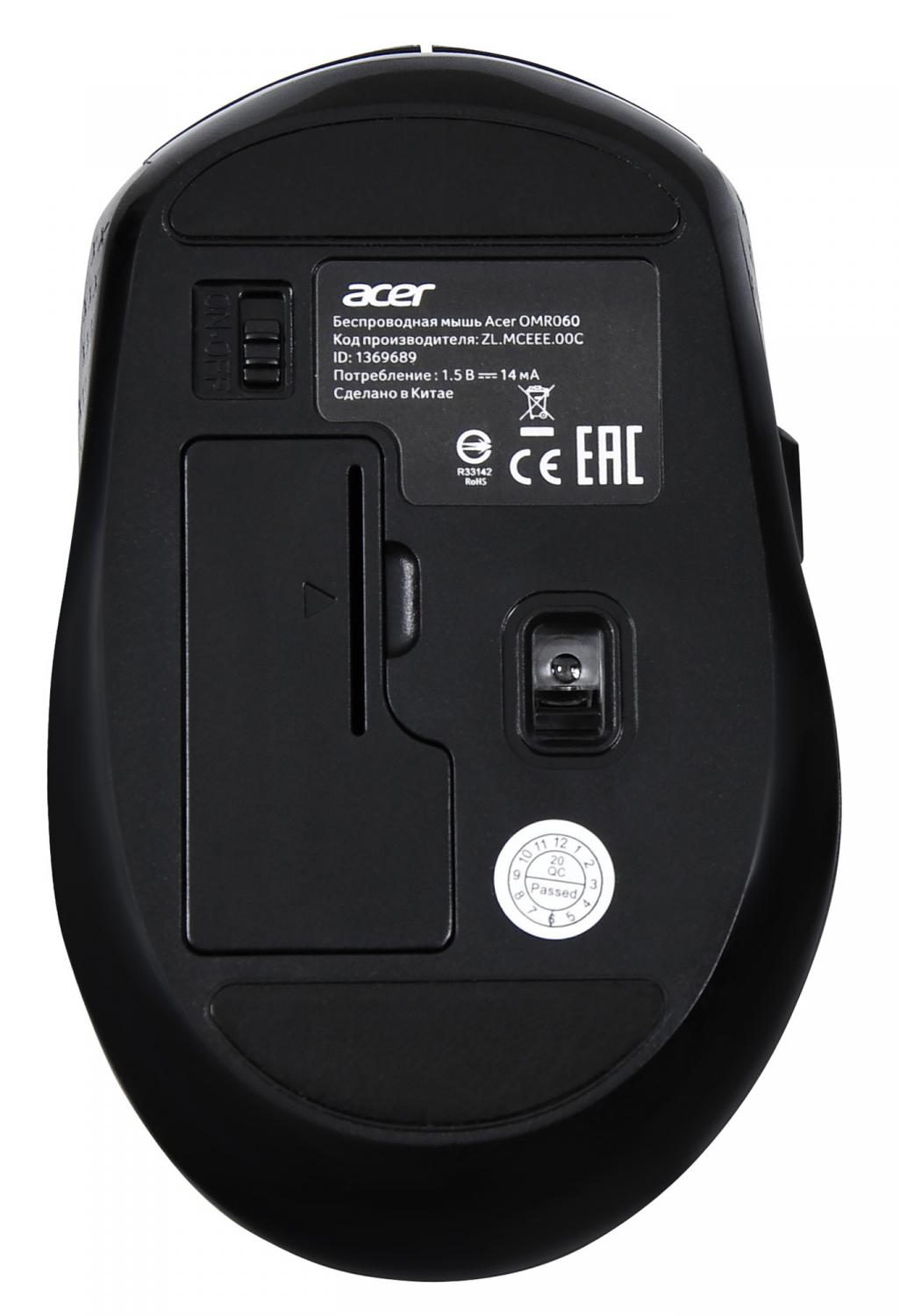 Мышь Acer OMR060 черный оптическая 1600dpi беспров. USB 6but (ZL.MCEEE.00C)
