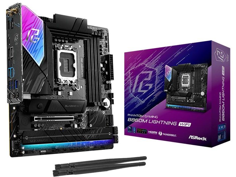 Материнская плата ASROCK B860M LIGHTNING WIFI, LGA1851, B860, 4*DDR5, 4*SATA, 4*M.2, 4*USB 3.2, 3*USB 2.0, Type-C, 2*PCIx16, 1*M.2 (Key E), HDMI+DP, mATX