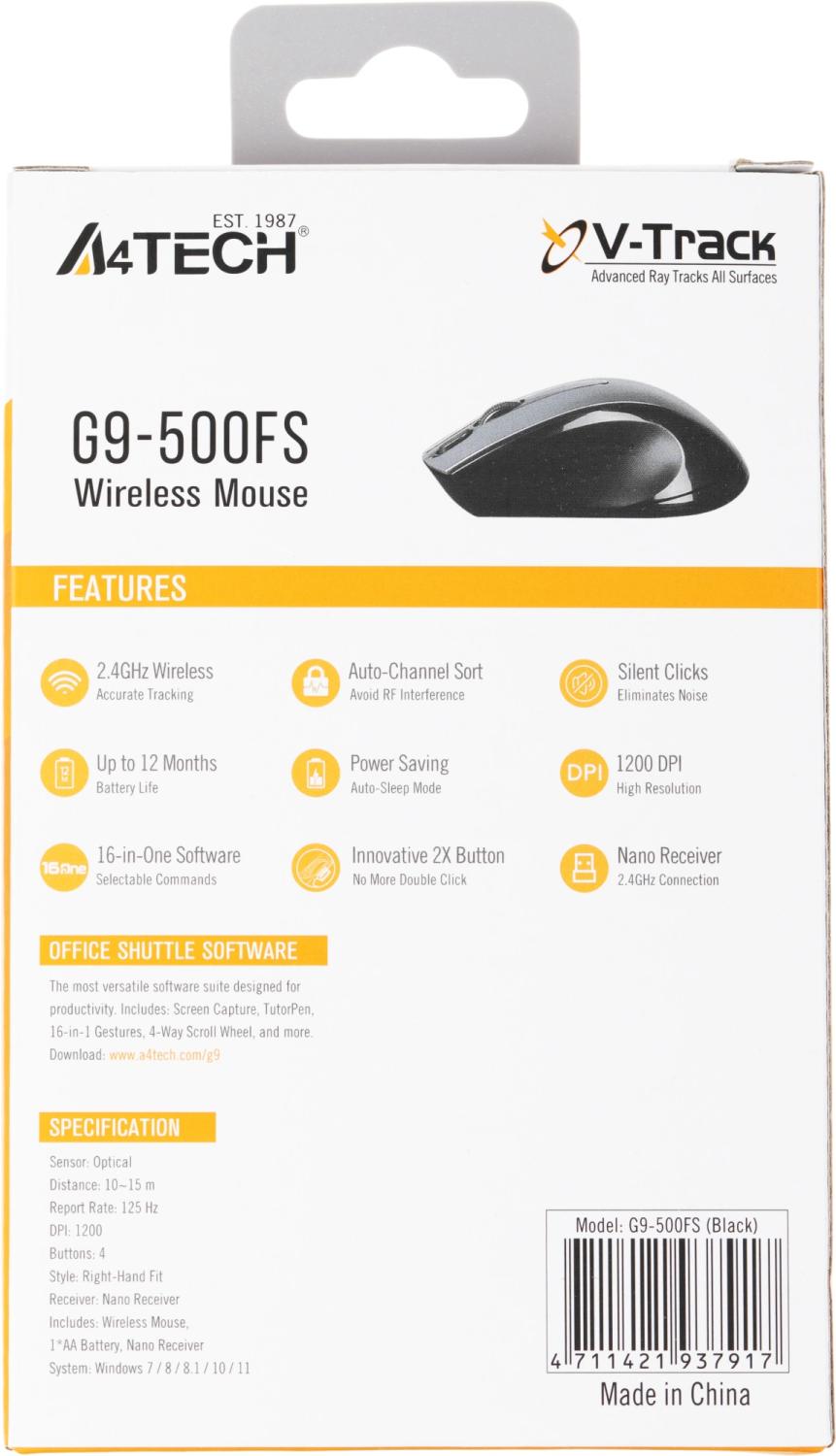 Мышь A4Tech V-Track G9-500FS черный оптическая 1200dpi silent беспров. USB 4but