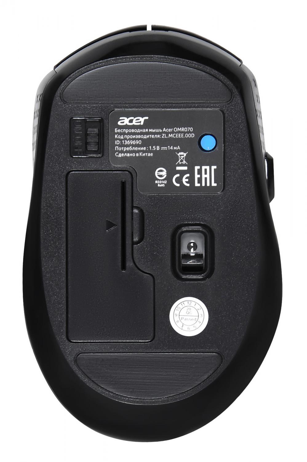 Мышь Acer OMR070 черный оптическая 1600dpi беспров. BT/Radio USB для ноутбука 6but (ZL.MCEEE.00D)