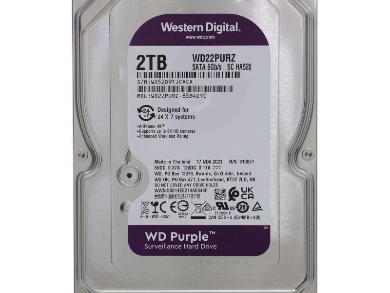 Жесткий диск Western Digital HDD SATA-III  2Tb Purple WD22PURZ, IntelliPower, 256MB buffer (DV&NVR), 1 year