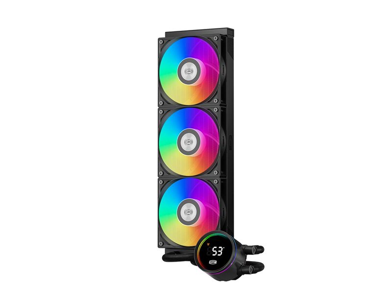 Система охлаждения/ Water Cooling System PCCooler DA360 Pro ARGB Digital BK (300W, 360mm, LED temp., Black, ARGB/ Fans: 3x120mm, 75.8CFM, 33.7dBA, 2200RPM/ Pump height 57mm, 28dBA, 3000RPM, Rad thickness 27mm/ S: 1851, 1700, 1200, 20XX, 115X, AM5, AM4)