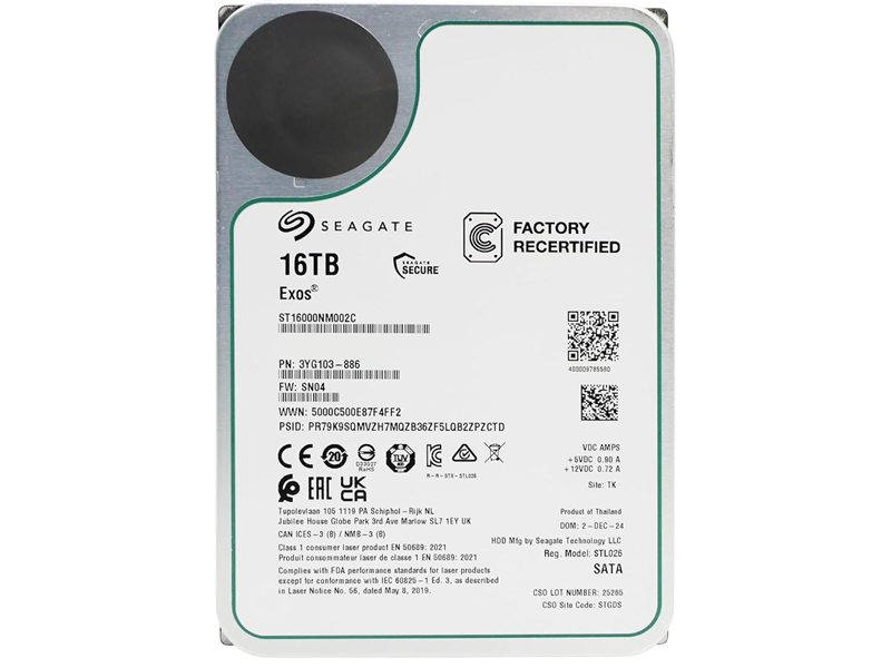Жесткий диск/ HDD Seagate SATA 16Tb Exos 6Gb/s 7200 512Mb OFFICIAL RECERTIFIED MTBF - 2.5M hrs 1 year warranty (replacement ST16000NM001G, ST16000NM000J, MG08ACA16TE, MG09ACA16TE, MG11ACA16TE, WUH721816ALE6L4)