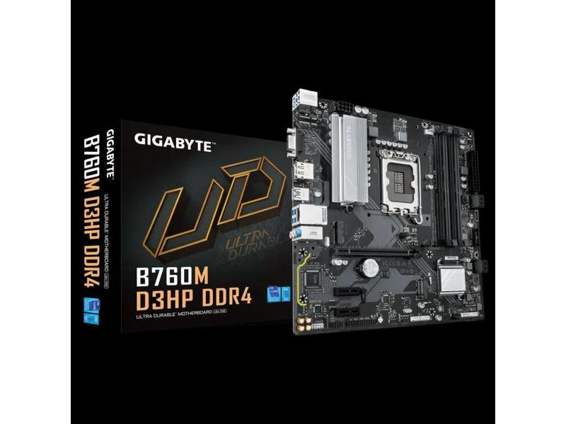 Материнская плата/ MB GIGABYTE INTEL B760 s1700, 4xDDR4(128GB), D-SUB/HDMI 2.1/DP, 1xPCIe 4.0x16, 2xPCIe 3.0, 1xLAN, 4xSATA 6Gb/s, 2xM.2, 3xUSB 3.2, 2xUSB 2.0, 1xPS/2, mATX