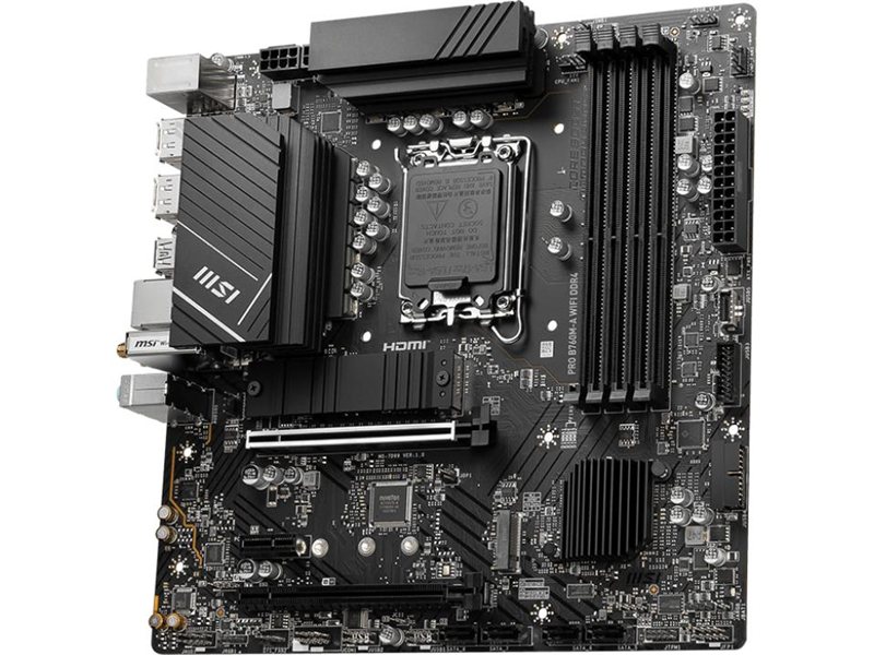 Материнская плата MB MSI INTEL B760 s1700, 4xDDR4(128GB), 2xHDMI 2.1/2xDP, 1xPCIe 4.0x16, 1xPCIe 3.0x16, 1xPCIe 3.0, 1xLAN (2.5GbE), Wi-Fi, BT, 4xSATA 6Gb/s, 2xM.2, 4xUSB 3.2, 2xUSB 2.0, 1xPS/2, mATX