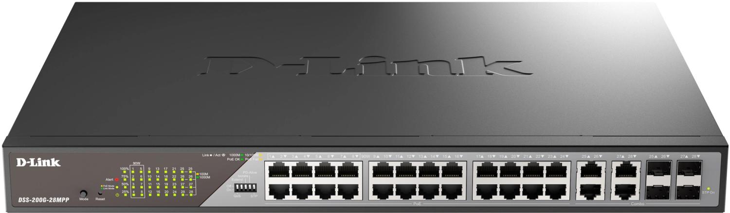 Коммутатор D-Link DSS-200G-28MPP/A1A (L2) 24x1Гбит/с 4xКомбо(1000BASE-T/SFP) 518W настраиваемый