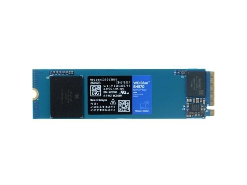 Твердотельный накопитель WD SSD Blue SN570 NVMe, 250GB, M.2(22x80mm), NVMe, PCIe 3.0 x4, 3D TLC, R/W 3300/1200MB/s, IOPs 190 000/210 000, TBW 150, DWPD 0.3 (12 мес.)