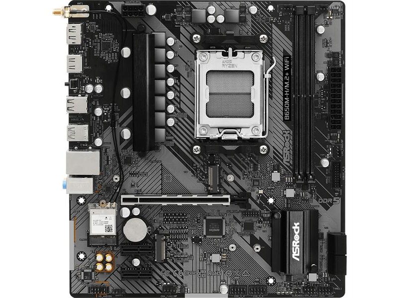 Материнская плата ASROCK B650M-H/M.2+WIFI, AM5, B650, 2*DDR5, 4*SATA, 2*M.2, 3*USB 3.2, 2*USB 2.0, Type-C, 1*PCIx16, 2*PCIx1, 1xM.2 (Key E), HDMI+DP, mATX