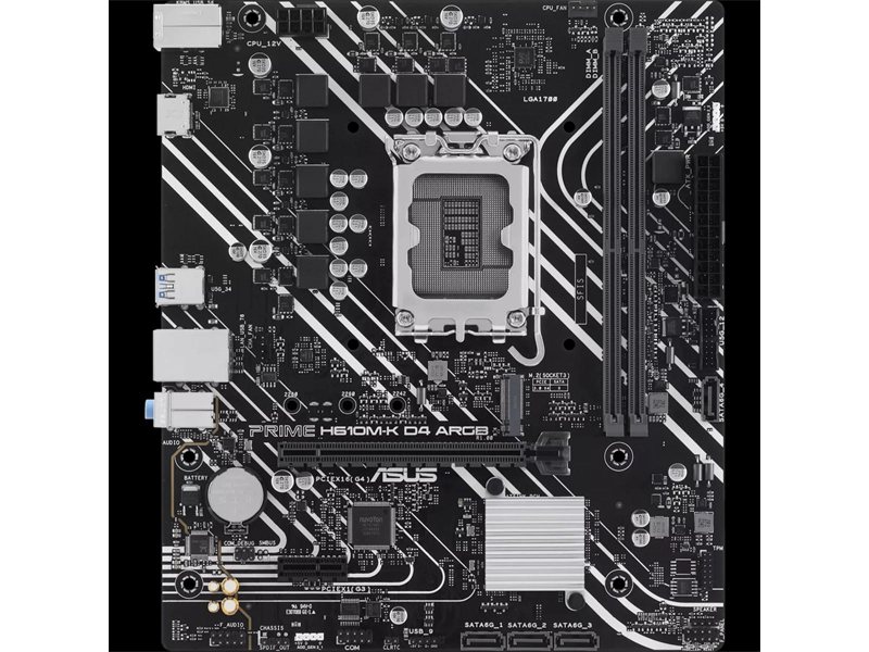ASUS PRIME H610M-K D4 ARGB (Socket 1700, mATX, 2xDDR4(64GB), HDMI 2.1, 1xPCIe 4.0x16/1xPCIe 3.0/1xLAN, 4xSATA 6Gb/s, 1xM.2, 2xUSB 3.2, 4xUSB 2.0, 1xPS/2)