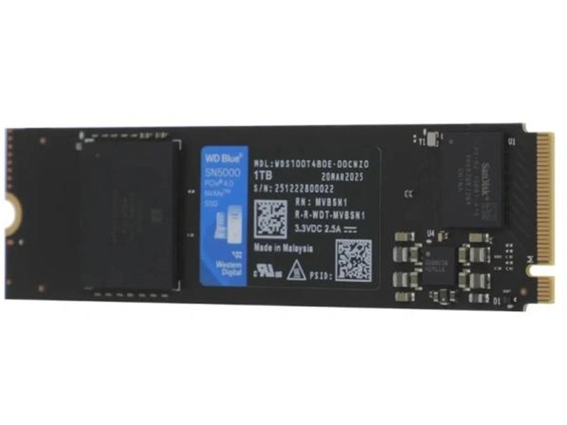 Твердотельный накопитель Western Digital Blue SN5100 SSD M2.2280 PCIe 4.0 1Tb, 7100MBs/6700MBs, TBW 600, WDS100T5B0E, 1 year