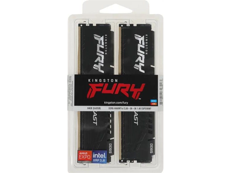 Оперативная память Kingston 64GB 6000MT/s DDR5 CL30 DIMM (Kit 2*32Gb) FURY Beast Black EXPO