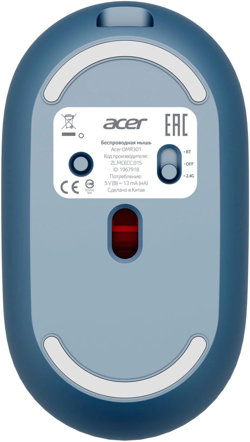Мышь Acer OMR301 синий оптическая 1600dpi беспров. BT/Radio USB 4but (ZL.MCECC.01S)