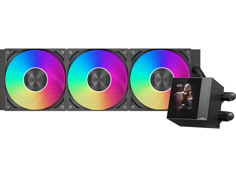 Система охлаждения/ Water Cooling System PCCooler DC360 Pro ARGB Display BK (310W, 360mm, LED, Black, ARGB/ Fans: 3x120mm, 90.56CFM, 39.8dBA, 2500RPM/ Pump height 65mm, 15dBA, 2600RPM, Rad thickness 27mm/ S: 1851, 1700, 1200, 115X, AM5, AM4)