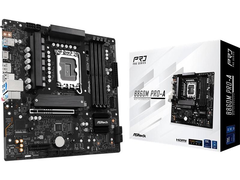 Материнская плата ASROCK B860M PRO-A, LGA1851, B860, 4*DDR5, 4*SATA, 4*M.2, 6*USB 3.2, 2*USB 2.0, Type-C, 2*PCIx16, 1*M.2 (Key E), HDMI+DP, mATX