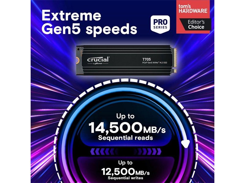 Твердотельный накопитель Crucial T705 2TB PCIe Gen5 NVMe M.2 SSD with heatsink CT2000T705SSD5