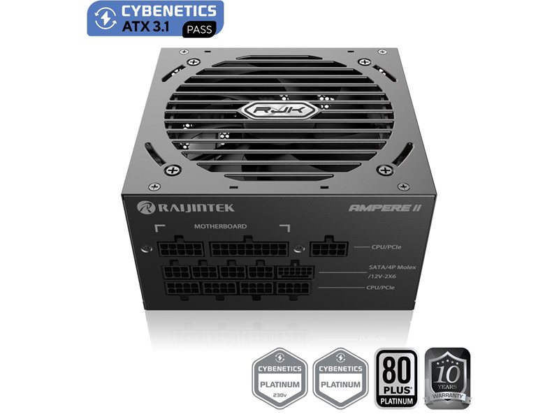 Блоки питания/ Power Supply Raijintek AMPERE II 1000, 1000W 80+ Platinum (ATX, 3.1, PCIe 5.1, Full-modular, 1x24(20+4)pin, 2x4+4-pin CPU, 3x6+2-pin PCIe, 1x12V(2x6), 10xSATA3, 5xMolex, Active, 120x120mm, 150x140x86mm, APFC, black)